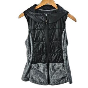 The North Face Women's Pseudio Hooded Black Grey Full Zip Quilted Vest Sz S/P